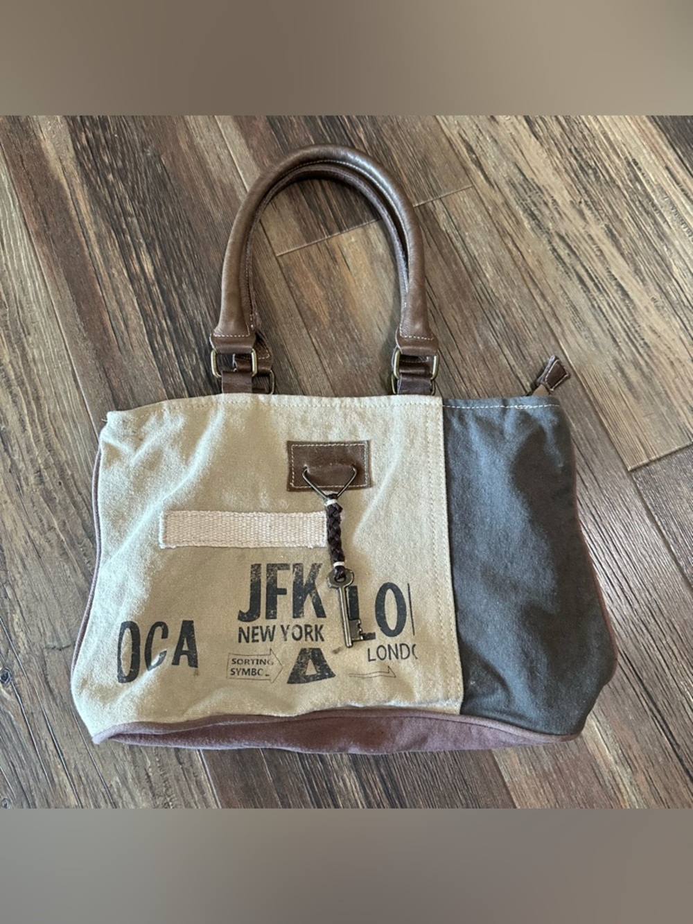 MYRA bag brown tan JFK shoulder tote bag purse with key accent